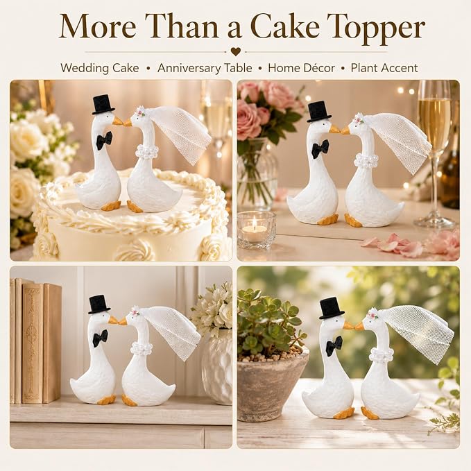 Silly Goose Wedding Cake Topper, Funny Bride and Groom Goose Decorations, Heart-Shaped Neck Couple Figurines for Wedding Cake, Engagement, Anniversary, Bridal Shower Decor