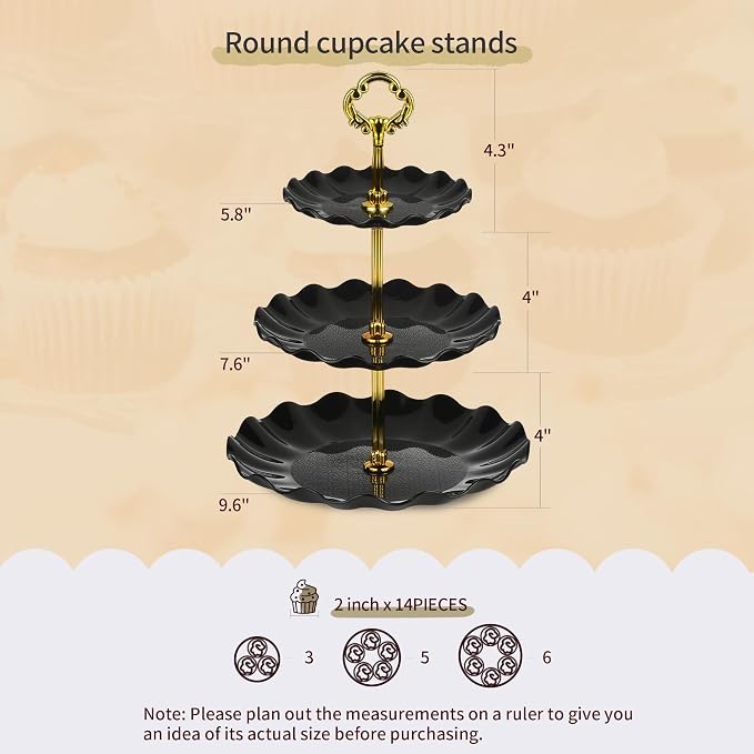 Pack of 11 NWK Cake Stand Set, with 3 x Two-Tier and 3 x Three-Tier Cupcake Stands, 4 x Appetizer Trays, 1 x Tablecloth for Birthday Bridal Baby Shower Party (Black)
