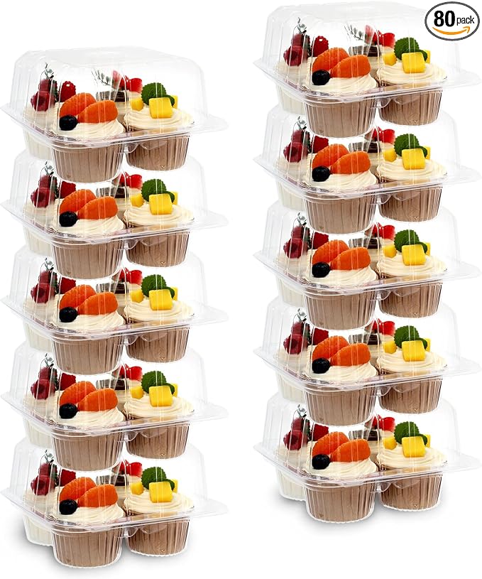 JarThenaAMCS 80 Pack Plastic Cupcake Containers 4-Compartment Clear Boxes Disposable Cupcake Tray Holders 4 Cavity Cupcakes Carriers with Deep Dome for Muffin Packaging