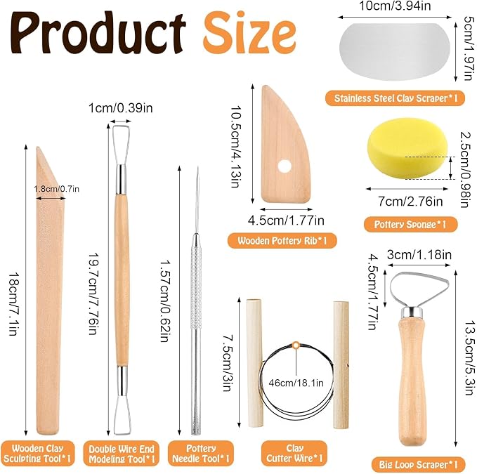 Akamino 20 Pcs Pottery Tools Include 1 Wood Rolling Pin,1 Portable Pottery Linen Tablecloth, 10 Pcs 5 Size Teaching Rolling Mud Stick Guide, 8 Clay Sculpting Tools for Manual Self Ceramic Clay Making