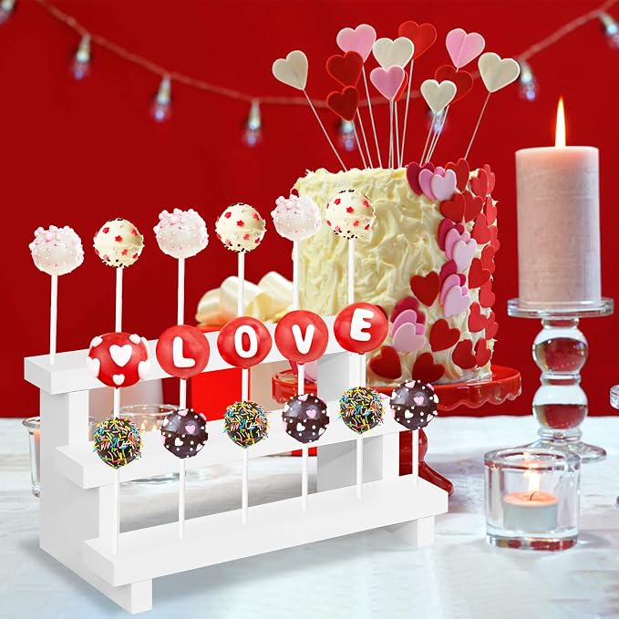 2Pcs Wood Cake Pop Stand, White Lollipop Holder 3 Tier with Twist Ties Lollipop Sticks, 17 Holes Sucker Display Riser for Dessert Table of Wedding Birthday Party