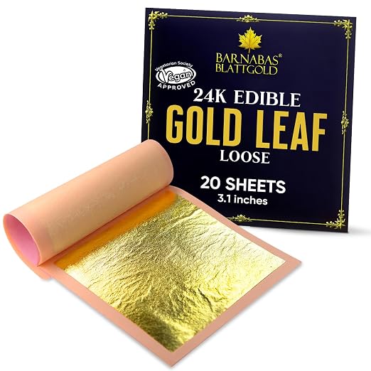 Barnabas Blattgold Edible Cake Decorations 23.75K Gold Leaf - Loose Gold Leaf Sheets for Cupcakes - 3.1 inches, Book of 20