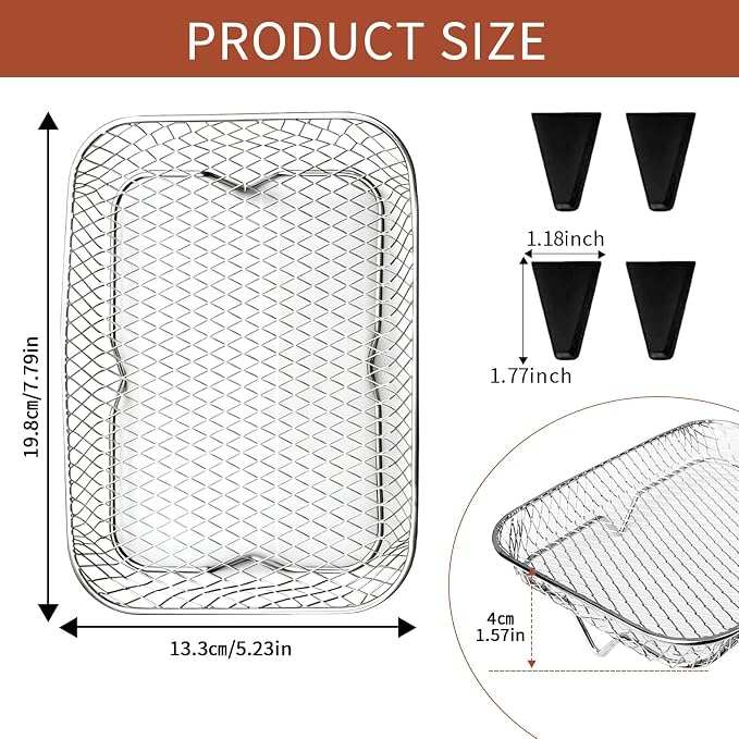 3-Tier Air Fryer Baskets, 7.79×5.23" Stackable Stainless Steel Racks for Ninja Foodi Dual Zone DZ071 DZ090 DZ201 DZ302 DZ401 DZ550 SL401, Rectangular Air Fryer Accessories with Silicone Feet