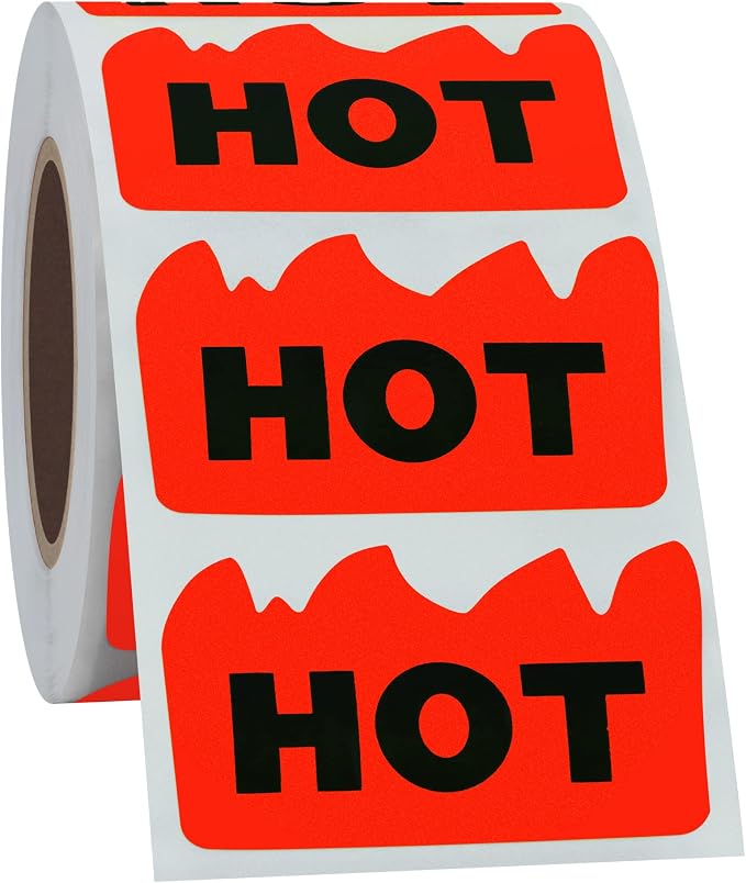 Hybsk 500pcs Rave Hot Stickers 2 x 1-1/5 Inch Fluorescent Red Hot Flame Fire Shape Marking Labels for Festival Spicy Sauce (Fluorescent Red)