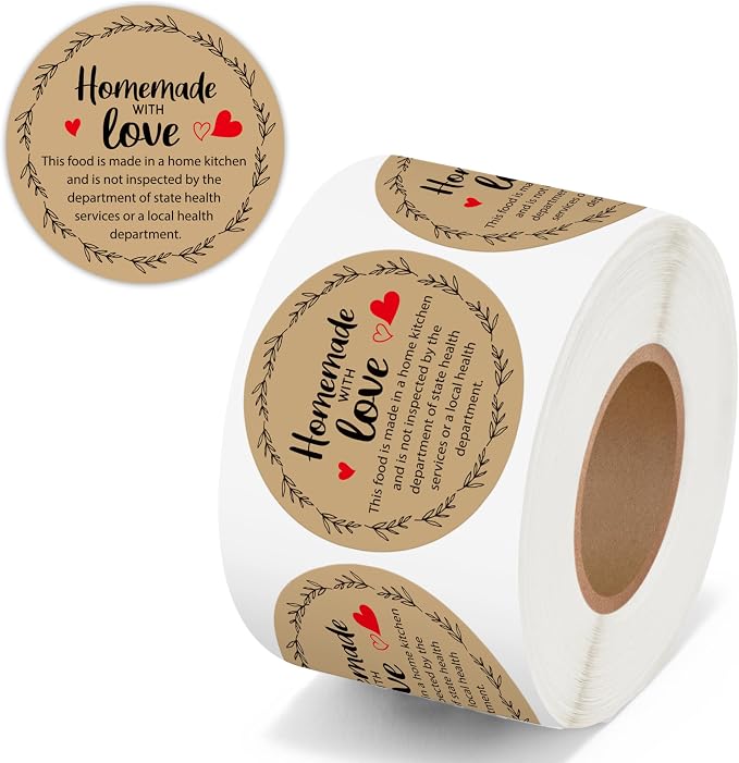 PANTIDE Cottage Food Law Labels Stickers - 500 Count Homemade with Love Adhesive Round Decal Roll, Made in A Home Kitchen Inspection Statement Thermal Printed for Packaging (2 x 2 Inch, Kraft Brown)