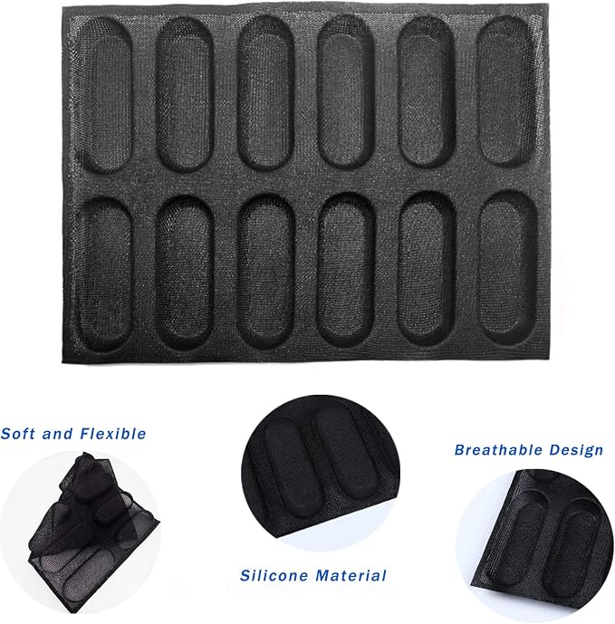 Dioycli Silicone Bread Loaf Pan for Baking, Mini Baguette Bread Pan Perforated Hot Dog Bun Pan 12 Loaf Non Stick Baking Liners Mat