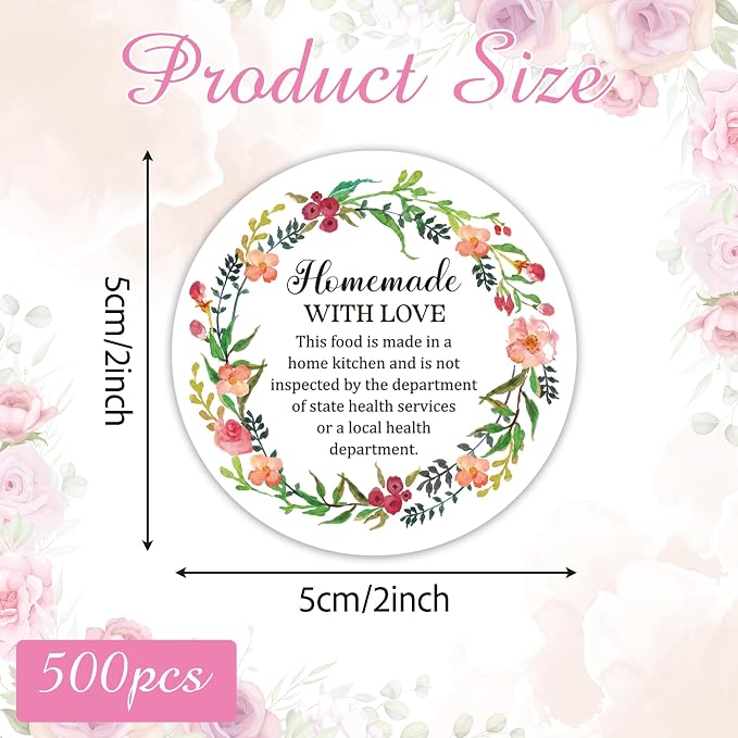 PANTIDE 500 Count Watercolor Flower Cottage Food Law Labels Sticker | Homemade with Love, Adhesive Round Decal Roll, Made in A Home Kitchen Inspection Statement, for Food Packaging, 2 x 2 Inch
