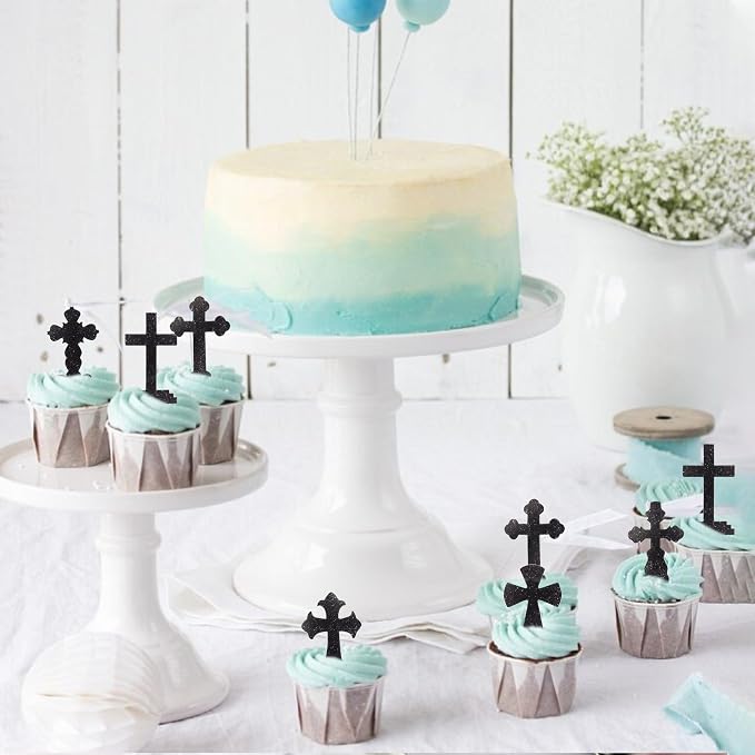 60 PCS Edible Cross Cupcake Toppers Wafer Paper God Bless Cupcake Toppers Edible Christian Baptism Cross Cupcake Picks for Religious Theme Baby Shower Birthday Party Cake Decorations Supplies Black