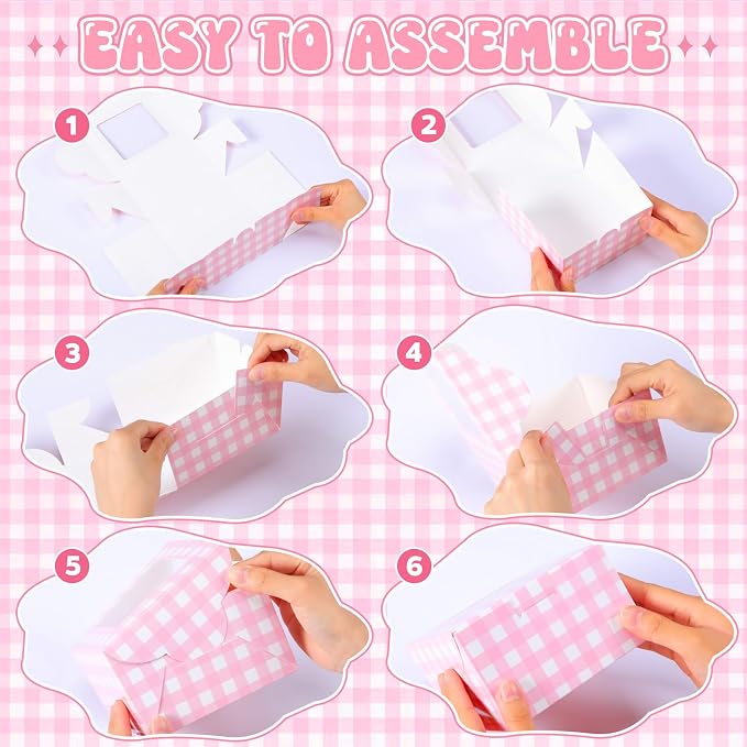 50 Pack Pink Gingham Cookie Box with Window, Small Plaid Bakery Boxes for Pastry Donuts Macaroon Cupcakes, Gingham Party Supplies Wedding Bridal Shower Sweet 16 Party Favors