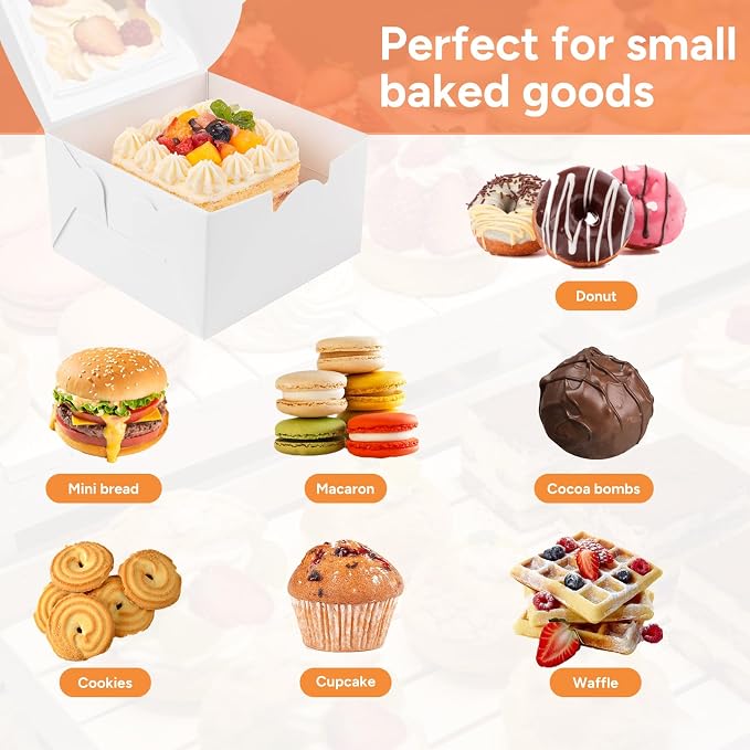 32Pcs Cookie Boxes with Window, 6×6×3 Inches White Paper Treat Boxes for Bakery Dessert Pastry Mini Cake Chocolate Candy Favor Donut Baked Goods (with Stickers)