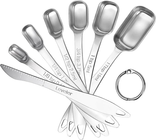 U-Taste Narrow Square Measuring Spoons: 18/8 Stainless Steel Kitchen Measure Teaspoon Tablespoon with Leveler, Polygon Rectangular Metal Jar Scoop for Baking Cooking, Coffee, Spice, Powder (Set of 7)