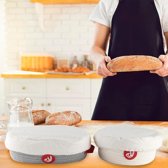 Banneton Bread Proofing Basket Set, Oval and Round Cotton Rope Sourdough Baskets with Fabric Liners, Proofing Bowls for Artisan Loaves and Home Baking