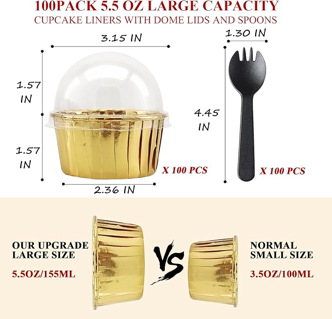 Cupcake Muffin Liners With Lids 100 Pack,LNYZQUS 5.5 Oz Large Foil Baking Cups Muffin Tins,Disposable Ramekins Cupcake Cups Cupcake Wrappers Holders For Wedding Valentine,with Spoons-Gold