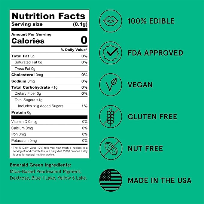 Fancy Sprinkles Emerald Green Edible Glitter | Luster Dust for Drinks, Cocktails & Cake Decorating | Vegan, Gluten Free, Non-GMO | Made in USA | 4gm