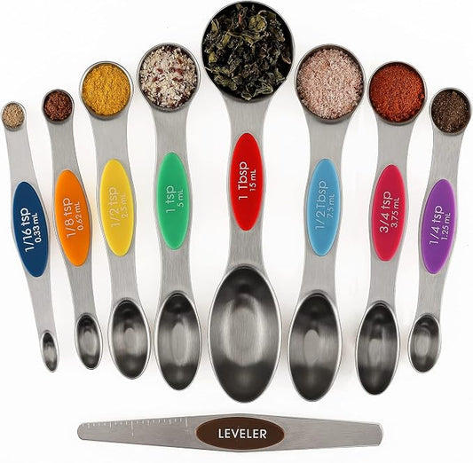 Magnetic Measuring Spoons Set of 9 Stainless Steel Stackable Dual Sided Teaspoon Tablespoon for Measuring Dry and Liquid Ingredients Fits in Spice Jars