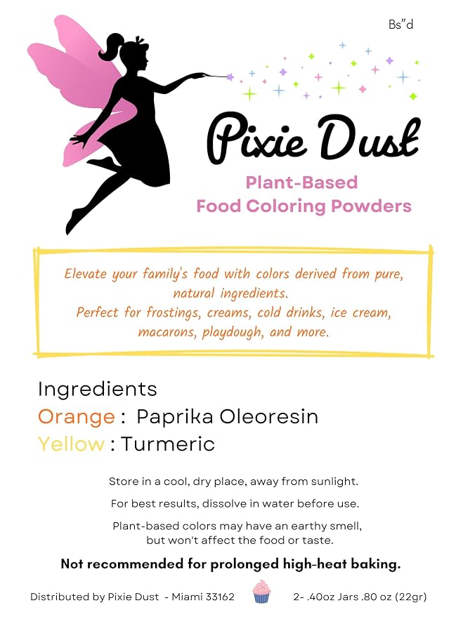 Dye Free Orange and Yellow Food Coloring Powders Set | Perfect for cake decorating, cookie frosting, icing & drinks | Plant-Based, All Natural, Kosher, Flavorless | No Carmine, No Annatto | By Pixie Dust | 2 Jars (0.40 oz / 11g Each) 22gr Total.