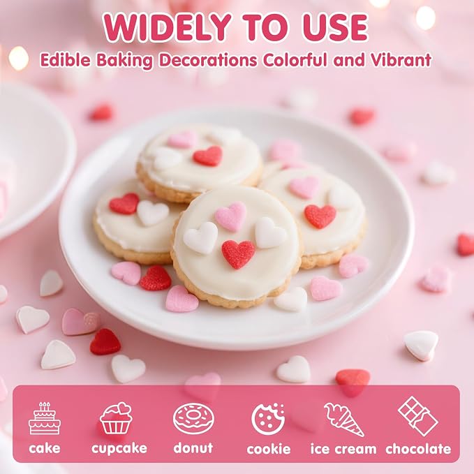 Edible Heart Sprinkles for Cake Decorating,130g,Edible Red Pink White Heart Shapes Sprinkle Mix,Sugar Sprinkles for Decorations Baking,Cake Ice Cream Cookie Cupcake Chocolate Topper,Birthday Wedding Party Supplie