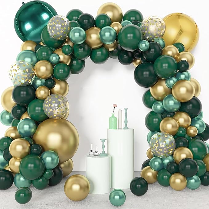 Archloon 156pcs Green and Gold Balloon Garland Arch Kit, Different Sizes 18 12 10 5 inch Green Latex Metallic Confetti Balloons for Graduation Birthday Anniversary Safari Party Decoration Supplies