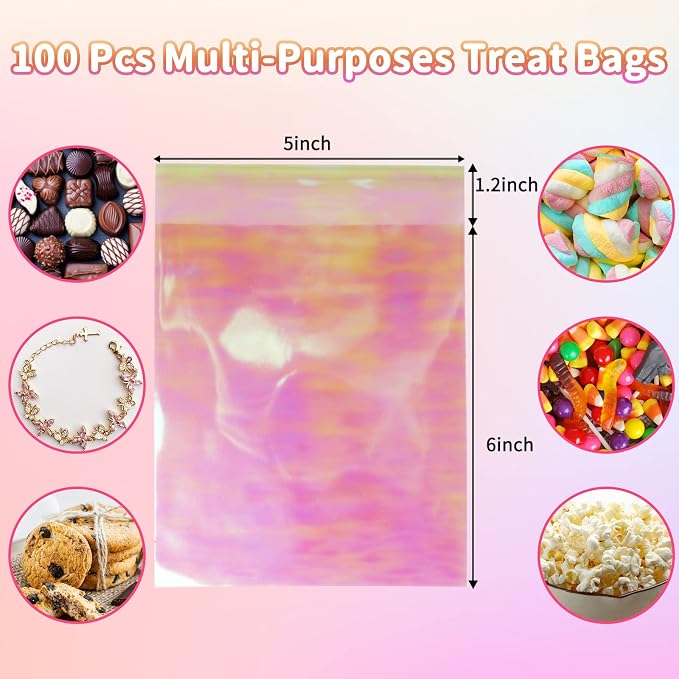 SUREHOME Cookie Bags with Seal 100 Pcs 5x6 In Iridescent Holographic Self Sealing Cellophane Treat Bags Pink Resealable Individual Cookie Bag for Gift Giving Valentine Candy Packaging Goodie Wrappers