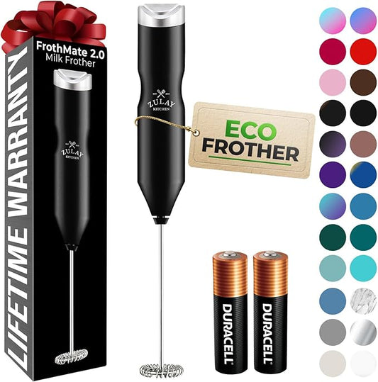Zulay Kitchen Powerful Frother Wand AA Batteries Included, Ultra Fast Handheld Drink Mixer, Comfort Milk Frother, Stainless Steel Whisker, Frother Handheld for Coffee, Protein & Matcha - Frothmate 2.0