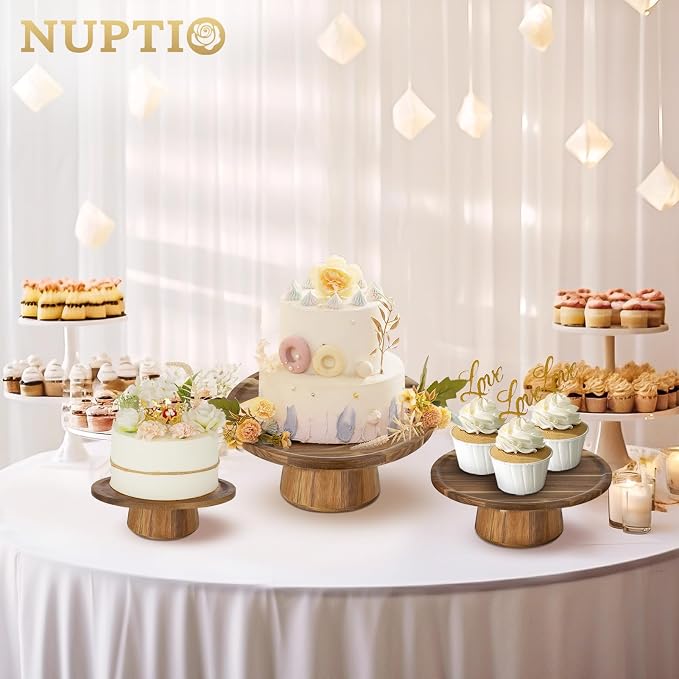 NUPTIO Wood Cake Display Stand Set of 3：4 in 1 Multifunction Cake Plate Serving Bowl Chip & Dip Tray Nut Dish Acacia Wood Cupcake Holder for Wedding Birthday Tea Party Gift for Baking Enthusiasts