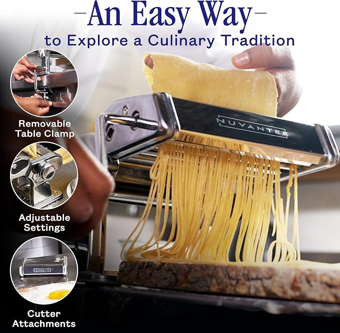 Nuvantee Pasta Maker with 7 Adjustable Thickness Settings - 3 in 1 Noodle Maker with Rollers & 2 Width Cutters for Fresh Spaghetti, Fettuccini, Lasagna, Dumplings & More - Red