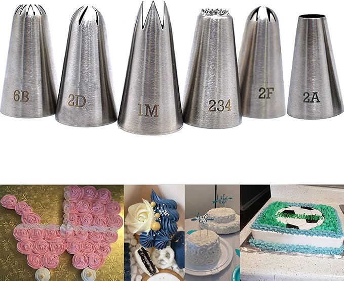 Cake Decorating Icing Piping Tip Set,6 Large Decorating Tips #1M 2A 2D 2F 6B 234, Stainless Steel Pastry Tips Frosting Tips Nozzles for Cupcake Cake Cookie decro