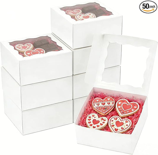 50 Pack 5x5x2.5 Inch Bakery Boxes Cookie Boxes with window Treat Box Chocolate Covered Strawberries Box for Macaroon Dessert Cupcake Pastry Muffins