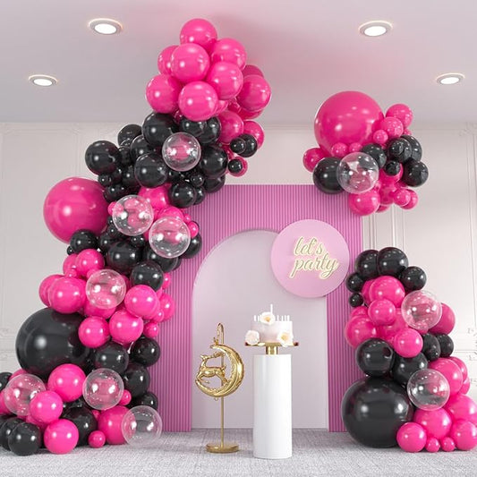 136pcs Hot Pink Black Balloon Arch Kit with Clear Balloons - 18/12/10/5 Inch Gothic Garland for Women's Birthday, Valentine's Day, Class of 2025 Party Decor