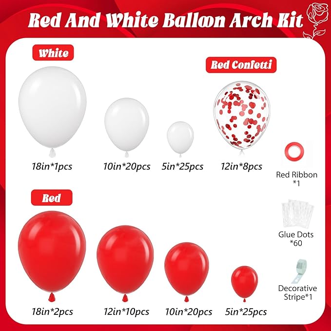 114pcs Red and White Balloons, Red and White Balloon Arch Kit for Wedding Engagement Christmas Valentine's Day Birthday Party Decorations