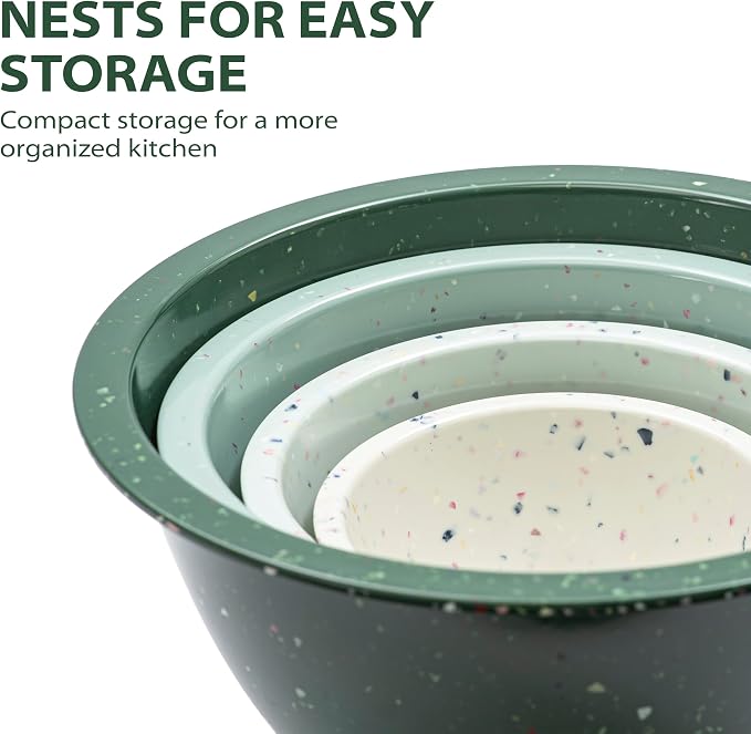 bzyoo Confetti Nesting Mixing Bowls Set - 4-Piece Colorful Kitchen Bowls (18oz, 1.25QT, 2.5QT, 4QT) - BPA-Free, Dishwasher Safe, Space-Saving Design Green Colors