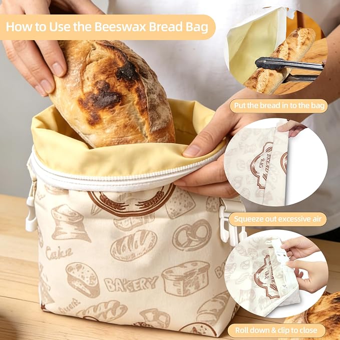 2 Pack Beeswax Bread Bags for Sourdough Homemade Bread, Organic Linen Reusable Natural Bread Storage Bag, Keep Fresh Moisture, Freezer-Friendly, Large Capacity Food Storage Cloth Bag