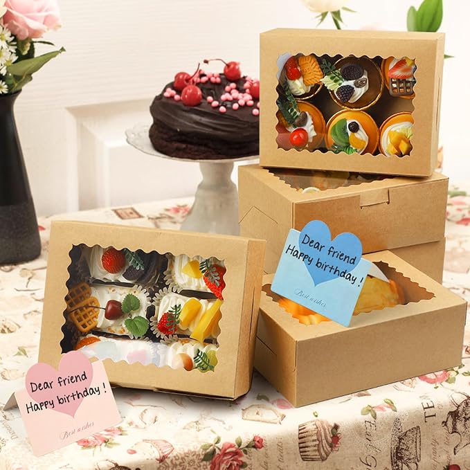 12 Pack DIY Assembly Brown 8x6x3inches Cookies Boxes with Window Bakery Boxes Macaron Boxes Small Treat Boxes Chocolate Truffle Boxes