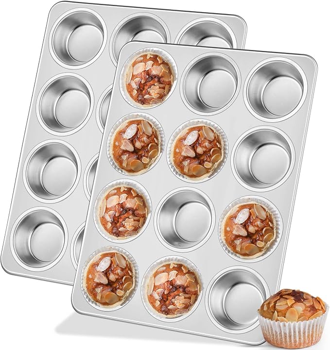 Leonyo Non-Toxic Stainless Steel Muffin Cupcake Pan 12 Cup, 2 Pack | Standard Size Metal Muffin Tin Tray for Baking Cupcake Quiches, Dishwasher Oven Safe