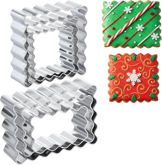 Rectangle Cookie Cutter Set with Scalloped Edge Assorted Sizes, 6 PCS Stainless Steel Square Cookie Cutter with Fluted Edge, Geometric Frame Plaque Cookies Cutters Shapes Molds