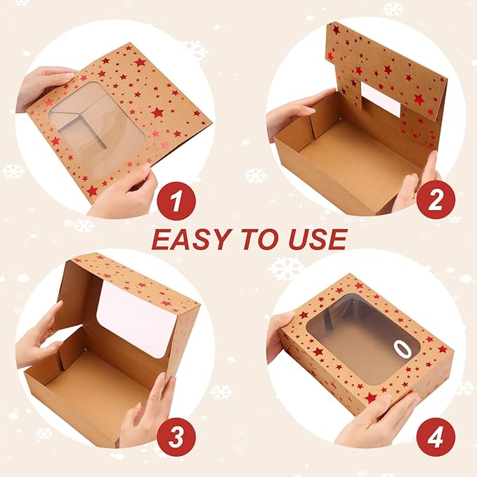 24 Pack Brown Cookie Boxes, 9x6x3Inch Red Star Baking Boxes for Gift Giving,Kraft Boxes with Window,Holiday Treat Boxes for Pastry,Cookie Tin Containers Box for Baked Goods Packaging