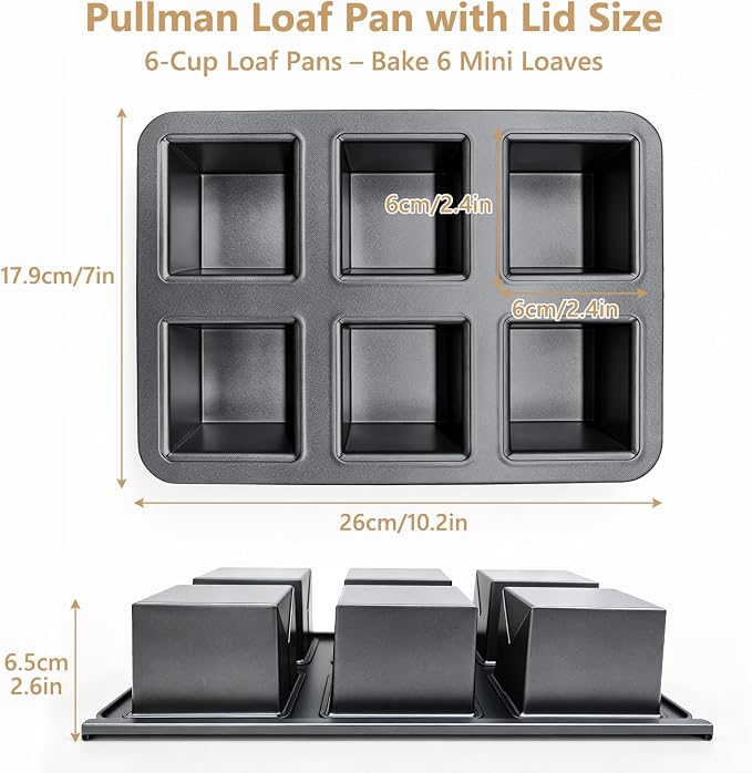 Mini Loaf Pan Pullman Loaf Pan with Lid 6-Cavity Non-Stick Bread Baking Pan Square Carbon Steel Toast Sandwich Box for Oven Microwave Baking Homemade Bread Cake Bakeware (26 * 17.5 * 6cm)