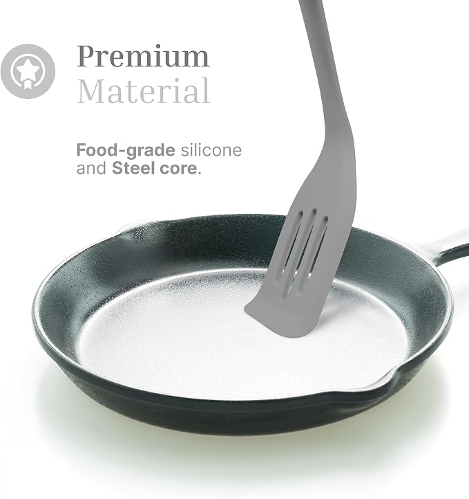 Silicone Slotted Turner Set – 2-Piece Set of Turner Spatulas for Eggs and Pancakes – Kitchen Tools and Accessories with Comfortable Handles, Heat-Resistant Utensils for Cooking & Baking – Grey
