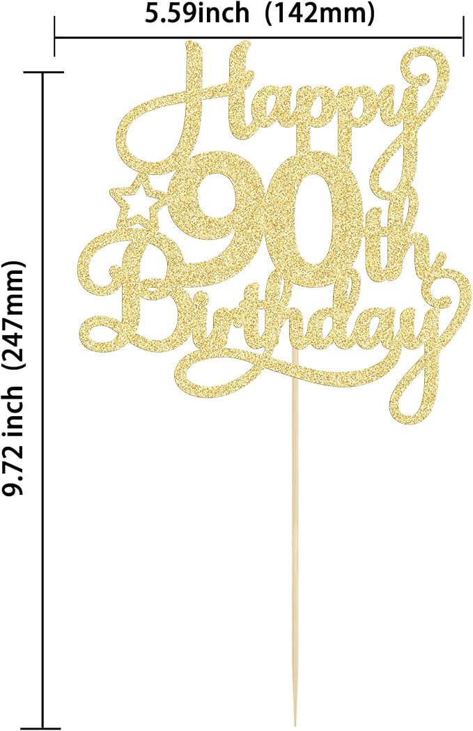 1 Pack Happy 90th Birthday Cake Topper Gold Glitter 90 & Fabulous Cheers to 90 Years Old Birthday Cake Pick for Celebrating 90th Birthday Anniversary Party Cake Decorations Supplies
