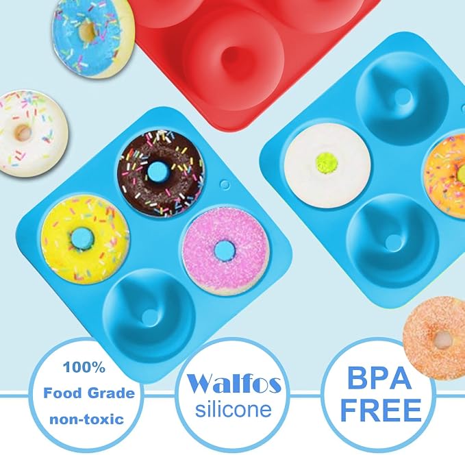 Walfos Full Size Silicone Donut Mold - 4In Donut Pan Big Size Non-Stick Donut Pan for Donut Cake Biscuit Bagels, Heat Resistant, BPA FREE and Dishwasher Safe(4Pack)