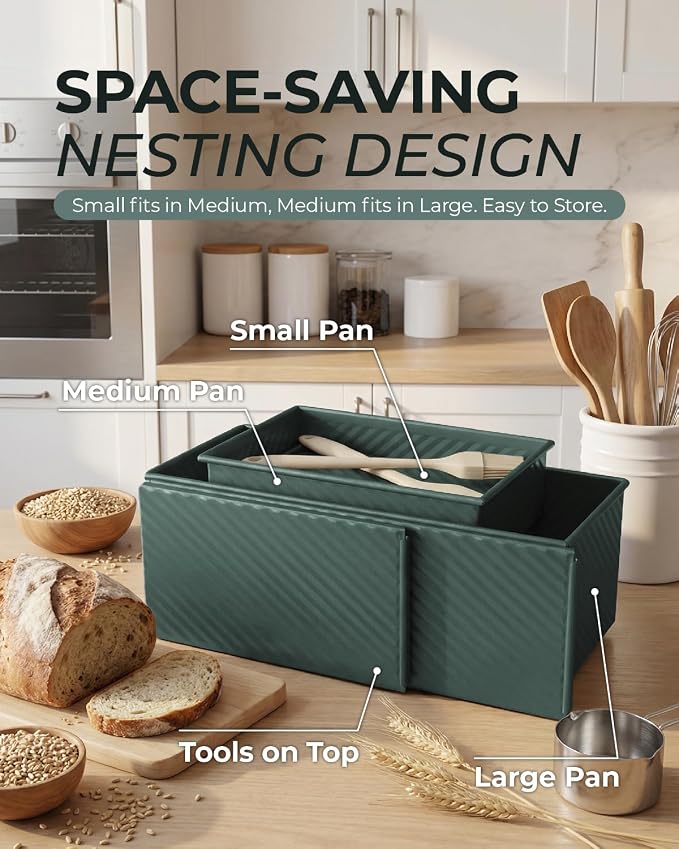 CARTMAN 3-Piece Pullman Loaf Pan with Lid Set – Non-Stick Carbon Steel Bread Pan with Bottom Vents – Includes Large (12"), Medium (8") & Mini (7") Sizes plus Silicone Tools – Sage Green