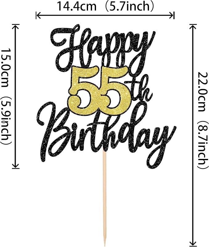1 PCS Happy 55th Birthday Cake Topper Black Gold Glitter Cheers to 55 Years Birthday Cake Pick 55 Fabulous Cake Decoration for Happy 55th Birthday Anniversary Party Decorations Supplies