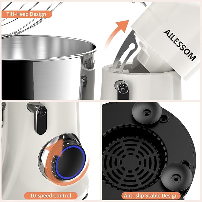 SAMSAIMO 3-IN-1 Electric Stand Mixer, 10-Speed With Pulse Button, Attachments include 6.5QT Bowl, Dough Hook, Beater, Whisk for Most Home Cooks (Almond Cream)