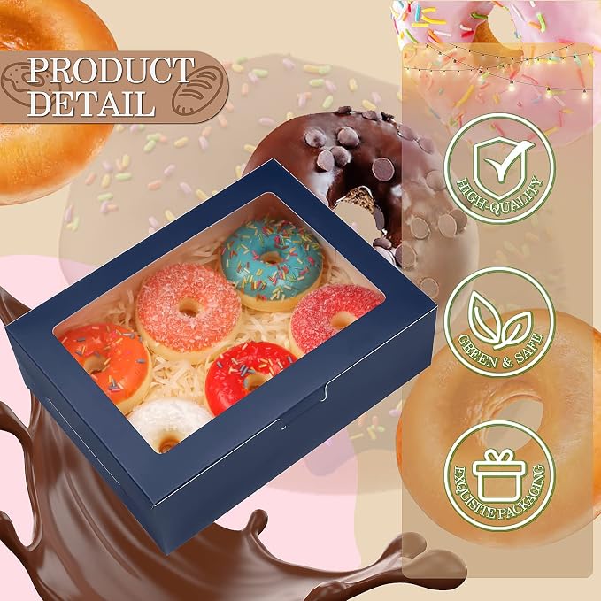 KPOSIYA 65 PCS 8x6x2.5 Inch Cookie Boxes with Window Blue Bakery Boxes Pastry Boxes for Gift Giving, Treat, Dessert, Cupcakes, Chocolate, Strawberries, Donuts, Muffins (5 Style Windows)