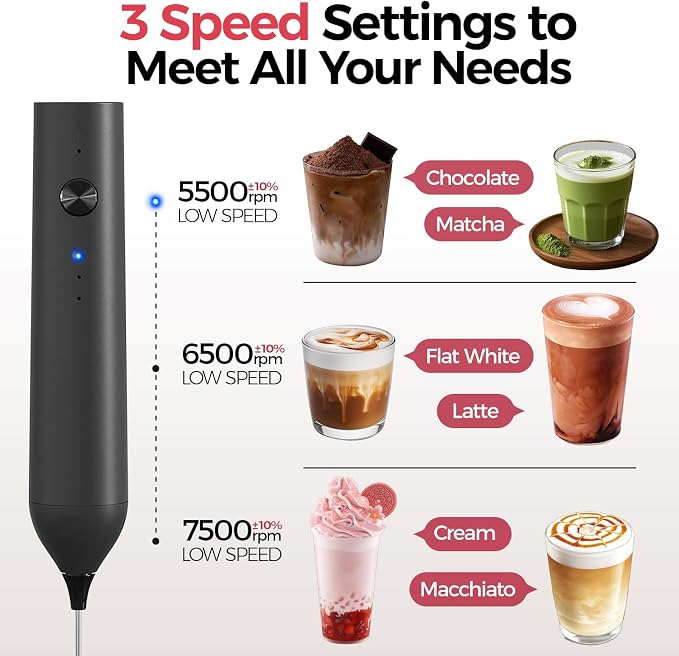 YARRAMATE Electric Milk Frother Wand, Fast Rechargeable Coffee Mixer with 2 Heads 3 Speeds, Handheld Drink Stirrer, Whisk Foam Maker for Lattes, Cappuccino, Matcha, Hot Chocolate (Black)