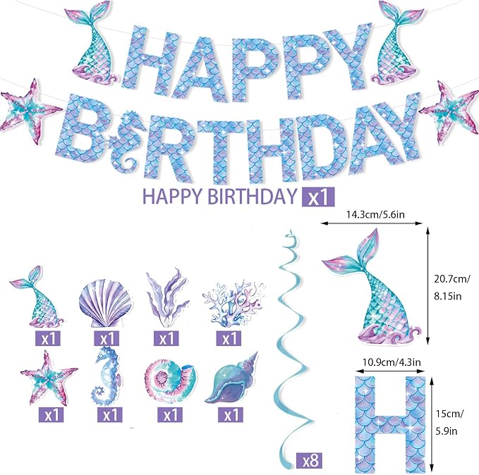 Zwiebeco Mermaid Happy Birthday Party Decoration Banner Bunting Garland Hanging Paper Swirls Kit for Kids Girls Under the Sea Theme Accessories Supplies