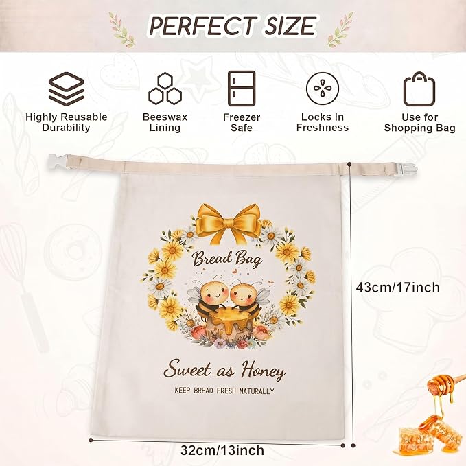 Beeswax Bread Bags for Sourdough, 2 Pack Reusable Bread Bag for Storage XL 17x13 Inch, Daisy Print Bread Bags for Homemade Sourdough - Keep Fresh, Freezer Safe