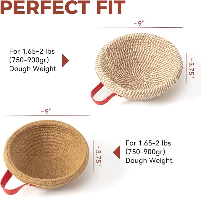 Banneton Bread Proofing Basket Set of 2, 9" Round Cotton Rope Proofing Baskets with Liners & Covers, Sourdough Bread Baking Supplies