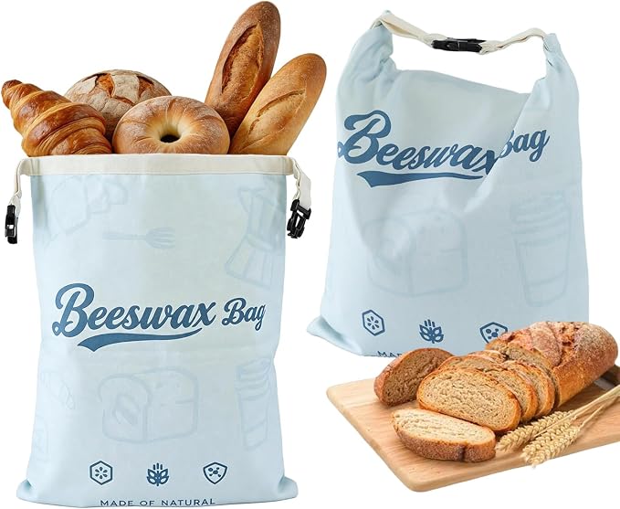 2 Pack Blue Beeswax Bread Bags for Sourdough, Reusable Organic Linen Beeswax Bread Bag 17 x 12.6 Inches, Food Storage Drawstring Cloth Bag, Freezer-Friendly Freshness Preservation for Homemade Baking
