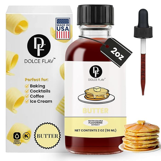 Dolce Flav Butter Extract – 2 Ounce Water-Soluble Kosher, Sugar-Free, Concentrated Imitation Butter Flavor for Baking, Cookies & Frostings, Includes Measured Dropper
